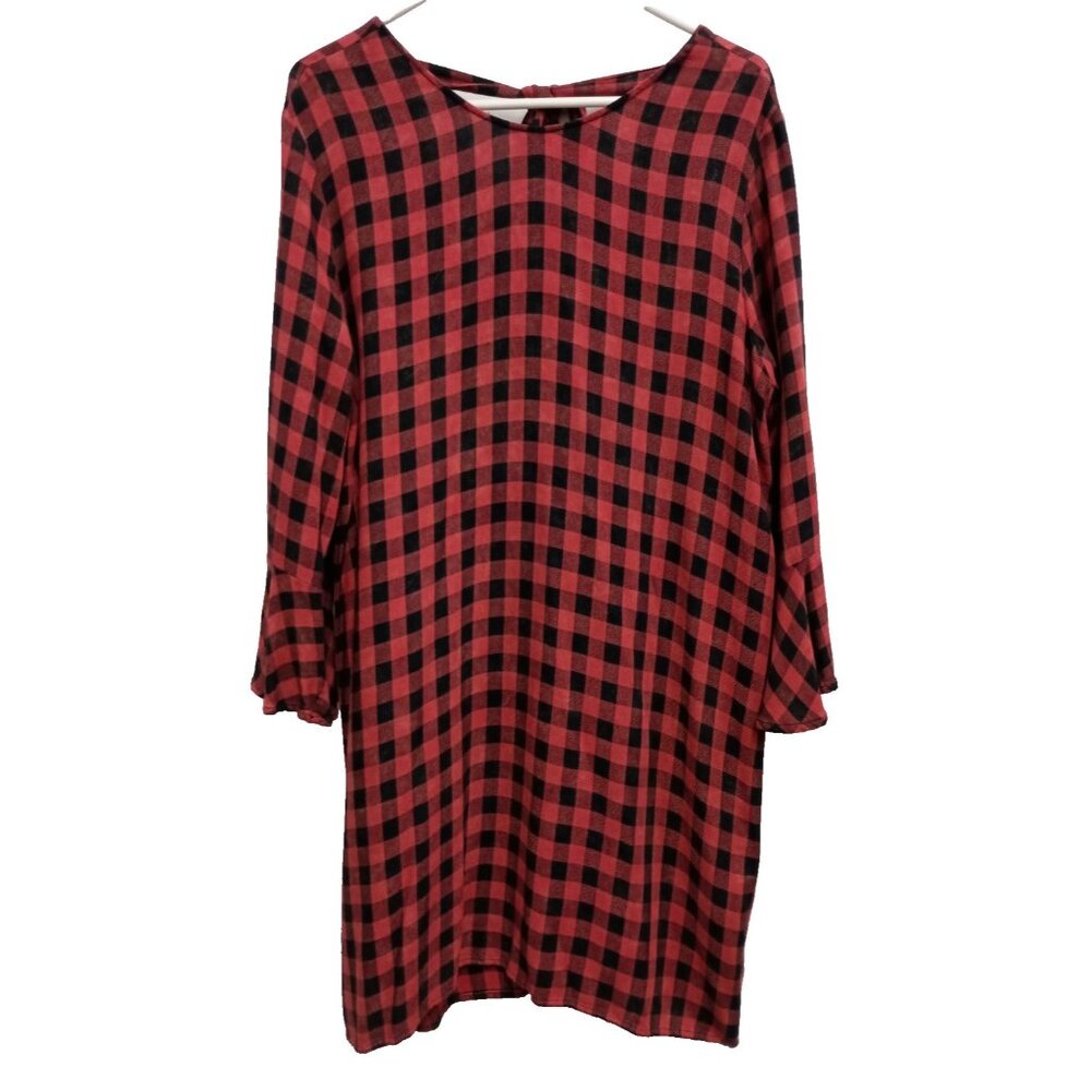 Cloth & Stone BOHO Shirt‎ Dress Womens XL Red Black Plaid Bell Sleeve Holiday